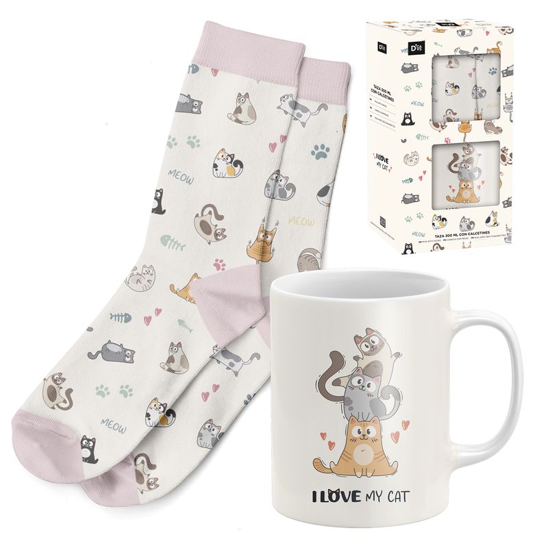 SET REGALO TAZA 300ML CON CALCETIN T.38-42 MASCOTAS