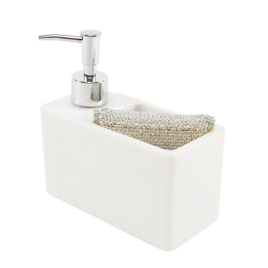 DISPENSADOR JABON CON ESTROPAJERO BLANCO