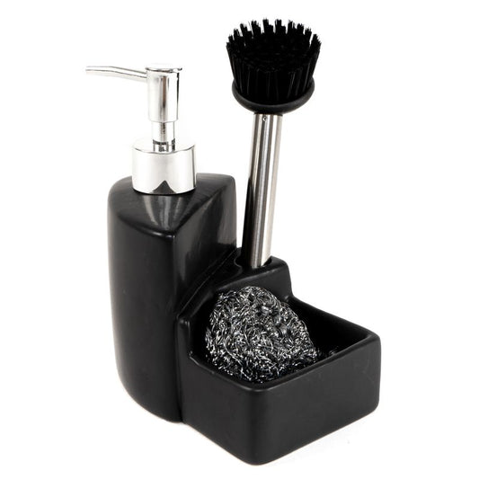 DISPENSADOR JABON CON ESTROPAJO Y CEPILLO NEGRO