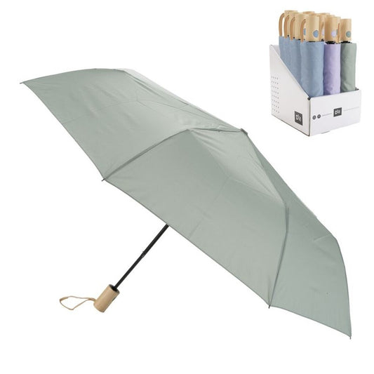 PARAGUAS PLEGABLE CON FIBRA ANTIVIENTO MANGO MADERA