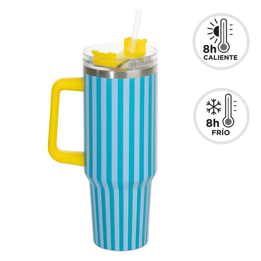 TAZA TERMICA DOBLE CAPA 1,2L CON TAPA Y PAJITA RAYAS