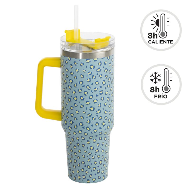 TAZA TERMICA DOBLE CAPA 1,2L CON TAPA Y PAJITA ANIMAL FLUOR