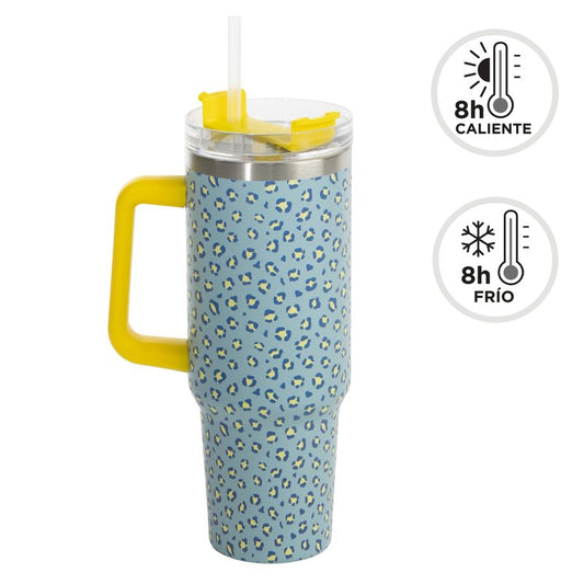 TAZA TERMICA DOBLE CAPA 1,2L CON TAPA Y PAJITA ANIMAL FLUOR