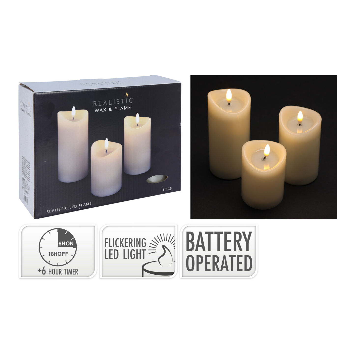 SET DE 3 VELAS CON LED MARFIL