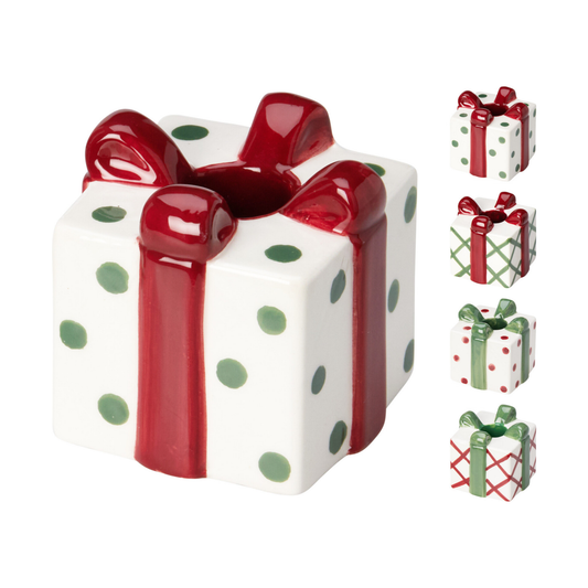 PORTAVELAS NAVIDEÑO FORMA CAJA DE REGALO