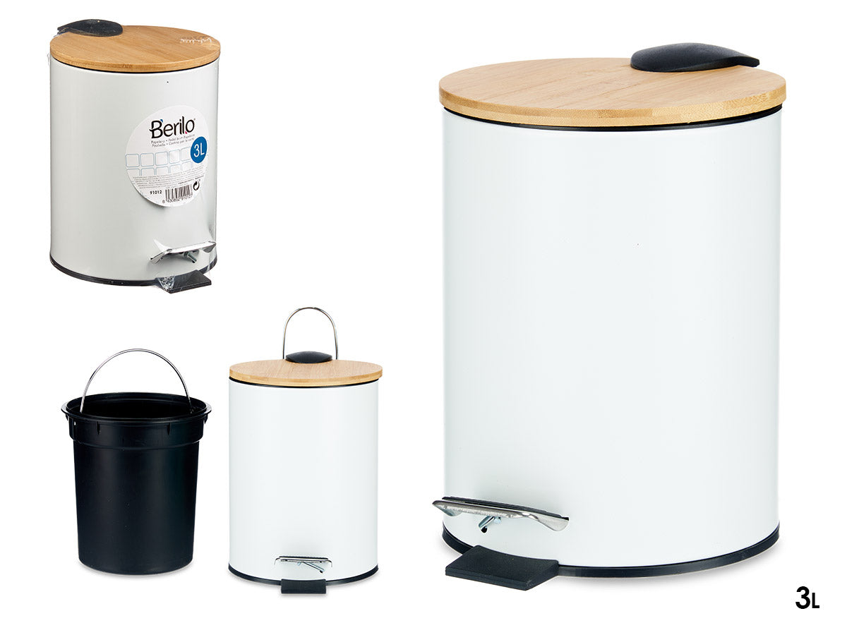PAPELERA METAL TAPA BAMBU 3L BLANCO