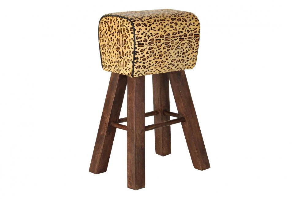 TABURETE MADERA PIEL 43X35X75 LEOPARDO MARRON